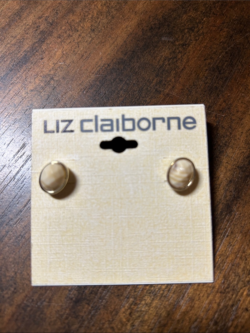 Liz Claiborne Gold-Tone Oval Cream Marble Stud Earrings